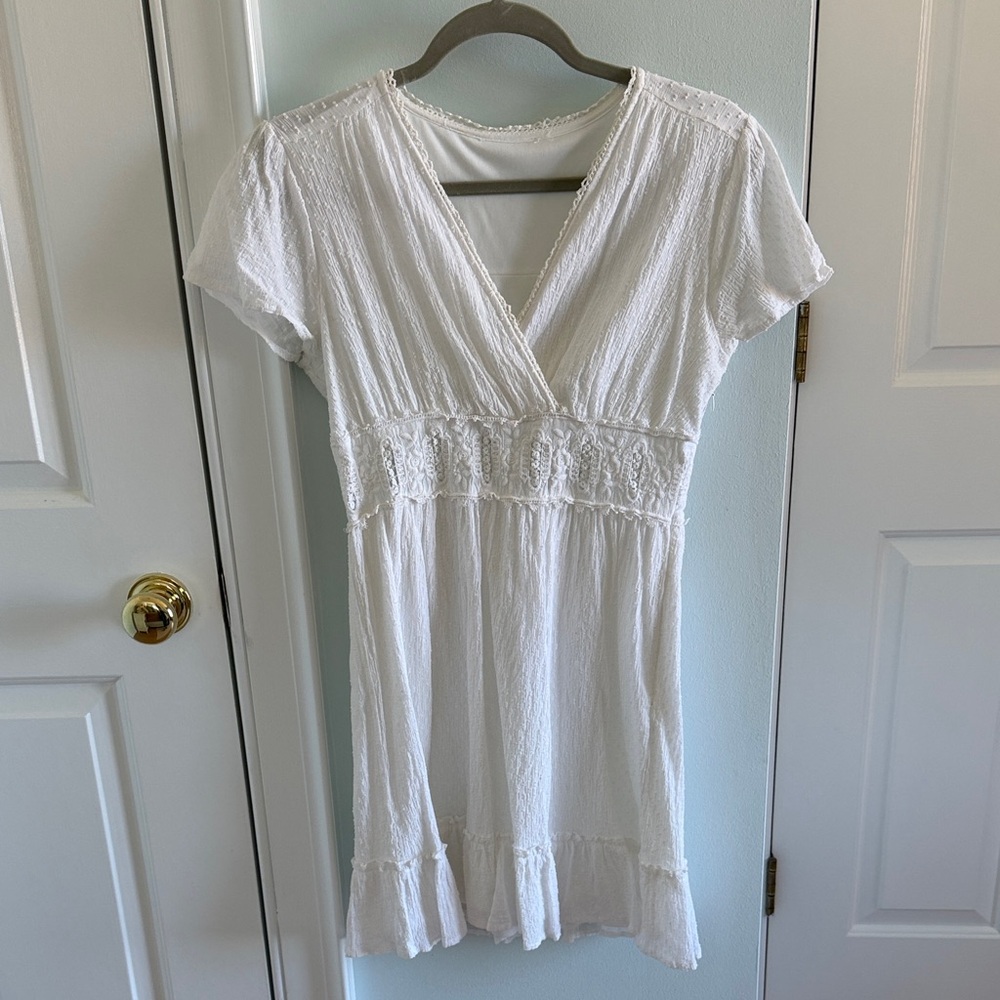 White Lace-Detail Short Sleeve Summer Dress